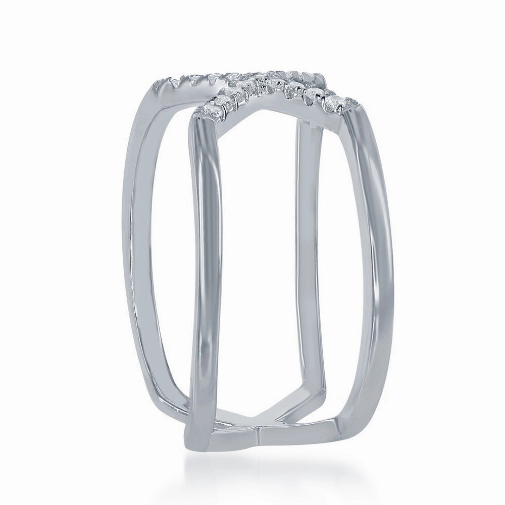 Sterling Silver Center CZ X Double Band Ring - W-1371