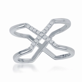 Sterling Silver Center CZ X Double Band Ring - W-1371