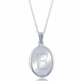Sterling Silver Center E Initial Oval Locket Chain