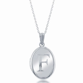 Sterling Silver Center F Initial Oval Locket Chain