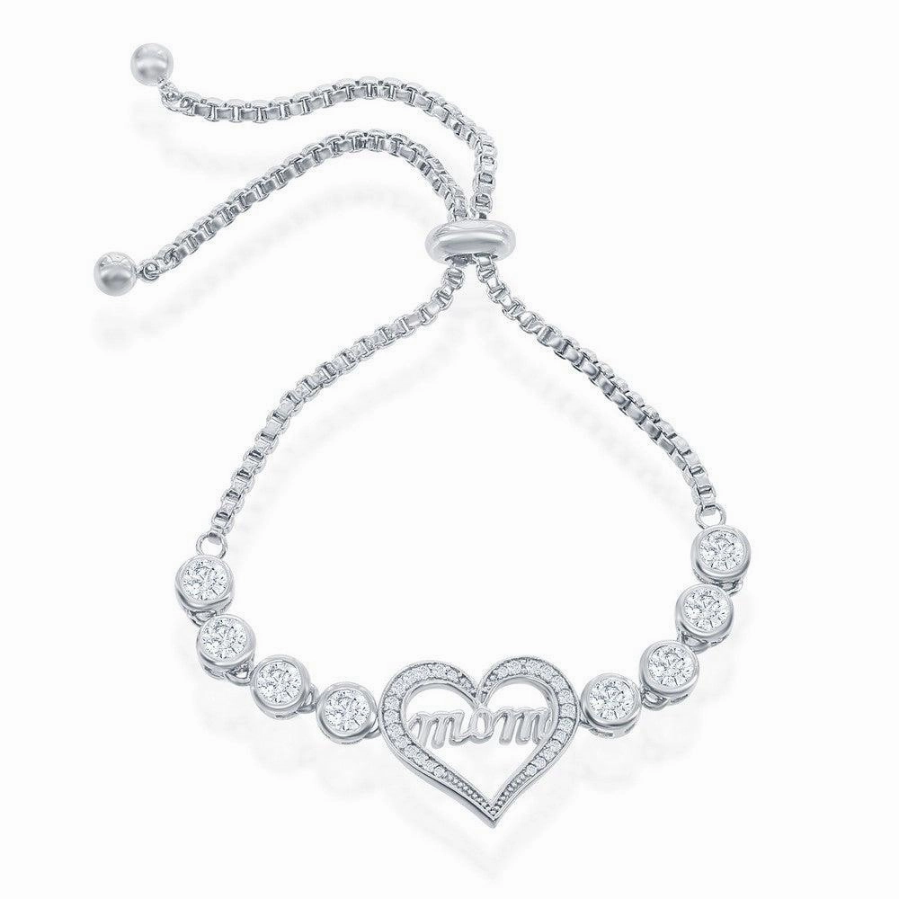 Sterling Silver Center "Mom" Heart with Linked Bezel CZ Bracelet