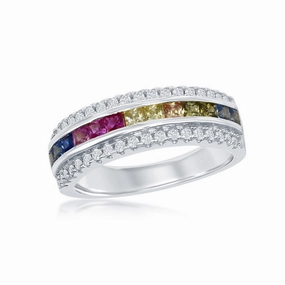 Sterling Silver Center Rainbow CZ with White CZ Ring - W-2128