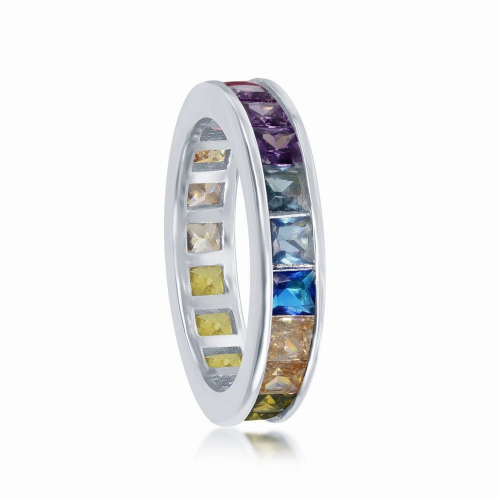 Sterling Silver Channel Set Rainbow CZ Band Ring - W-2130