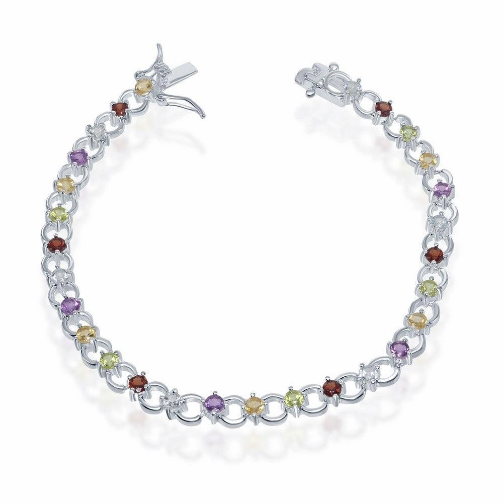 Sterling Silver Circle Linked Bracelet with Multicolor Gemstones
