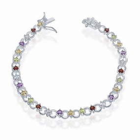 Sterling Silver Circle Linked Bracelet with Multicolor Gemstones