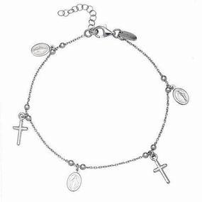 Sterling Silver Cross and Medal Charm Bracelet, 7"