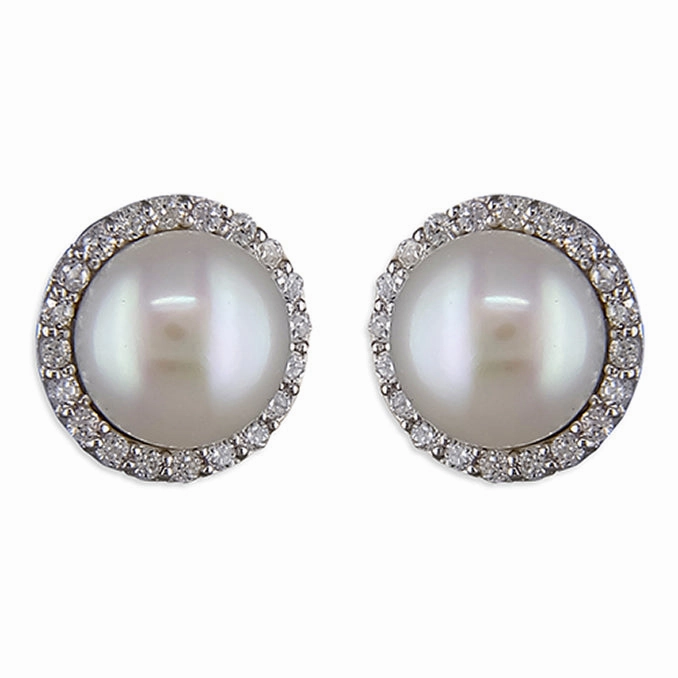 Sterling Silver Cubic Zirconia Halo Pearl Ladies Stud Earrings