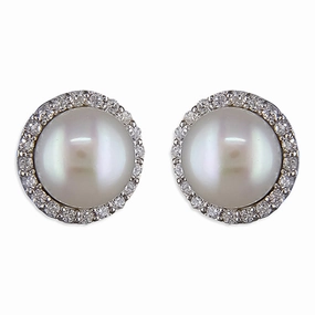Sterling Silver Cubic Zirconia Halo Pearl Ladies Stud Earrings