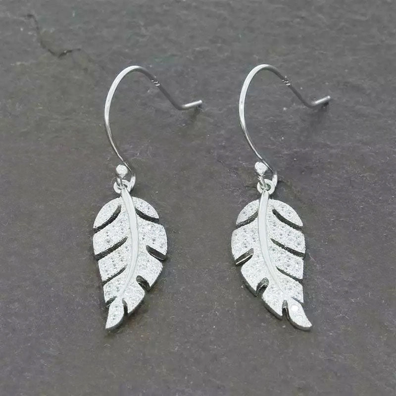 Sterling Silver Cubic Zirconia Leaf Ladies Drop Earrings
