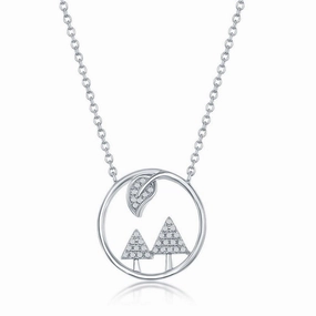 Sterling Silver Cubic Zirconia Trees and Leaf Round Necklace