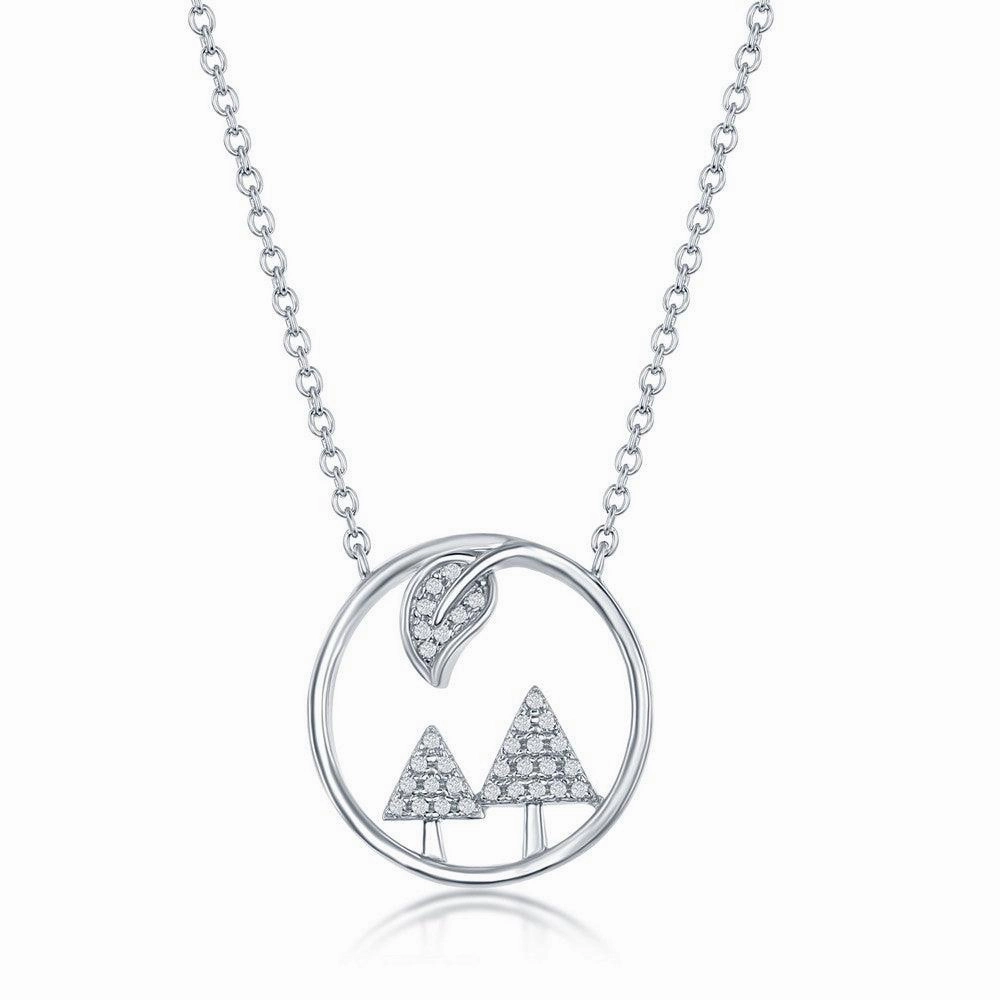 Sterling Silver Cubic Zirconia Trees and Leaf Round Necklace