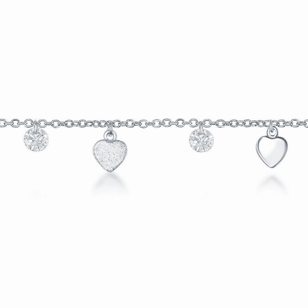 Sterling Silver Cubic Zirconia with Shiny and Matte Hearts Anklet