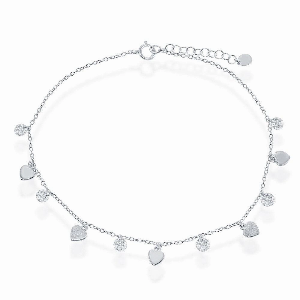 Sterling Silver Cubic Zirconia with Shiny and Matte Hearts Anklet