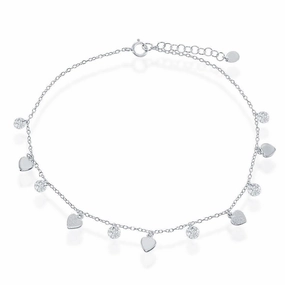 Sterling Silver Cubic Zirconia with Shiny and Matte Hearts Anklet