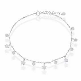 Sterling Silver Cubic Zirconia with Shiny and Matte Stars Anklet