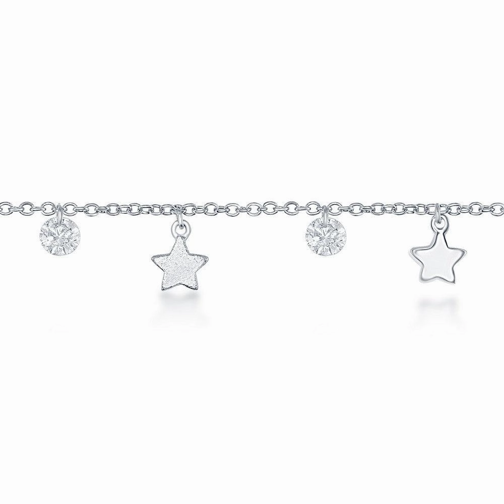 Sterling Silver Cubic Zirconia with Shiny and Matte Stars Anklet