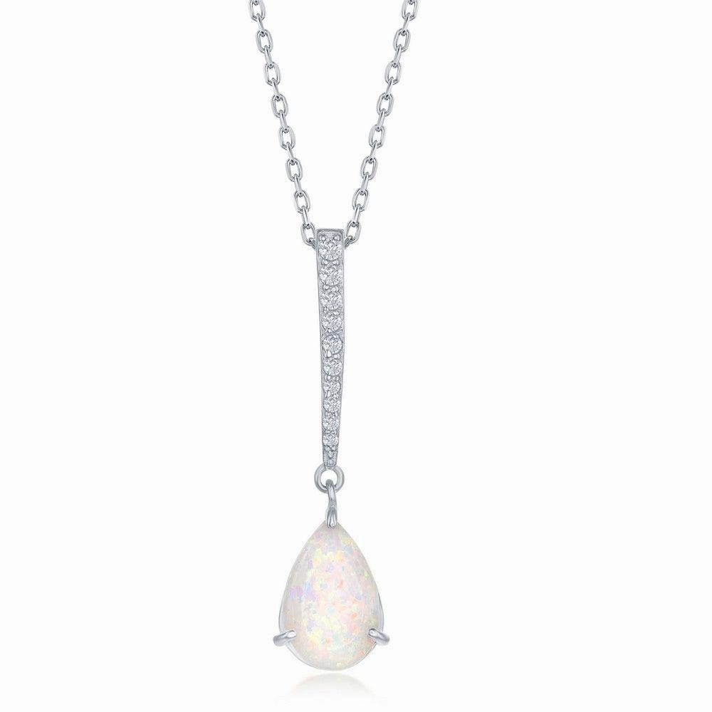 Sterling Silver CZ Bar with Pear-Shaped White Inlay Opal Pendant