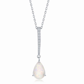 Sterling Silver CZ Bar with Pear-Shaped White Inlay Opal Pendant