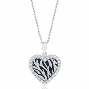 Sterling Silver CZ Border Heart with Zebra Design Necklace