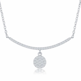Sterling Silver CZ Curved Bar with Dangling Disc Necklace