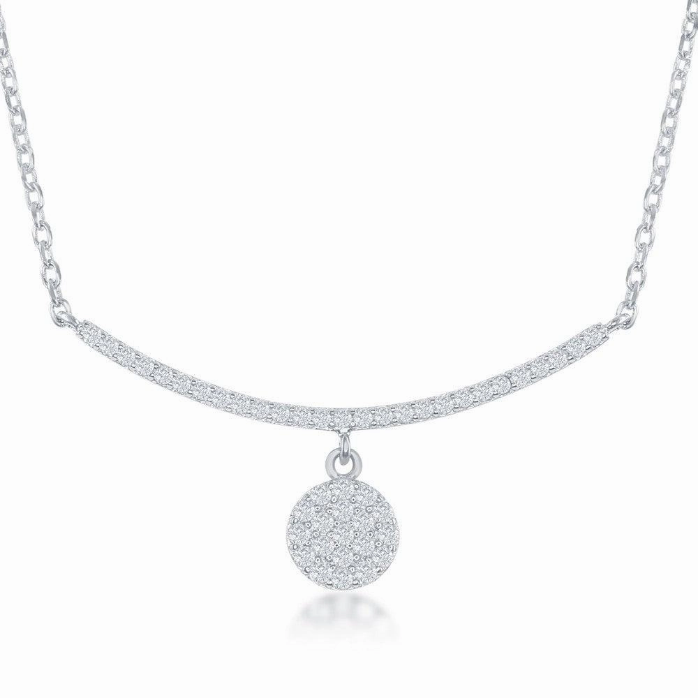 Sterling Silver CZ Curved Bar with Dangling Disc Necklace