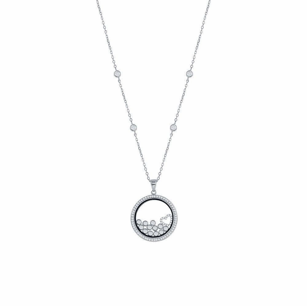 Sterling Silver CZ Floating Heart & Round CZ's in a Disc Necklace