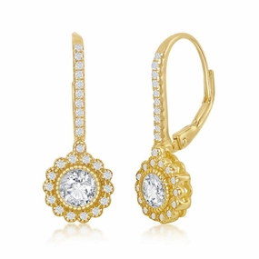 Sterling Silver CZ Flower Design Dangling Earrings - Gold Plated