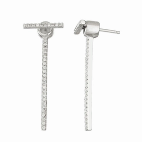 Sterling Silver CZ Front and Back Long Bar Earrings