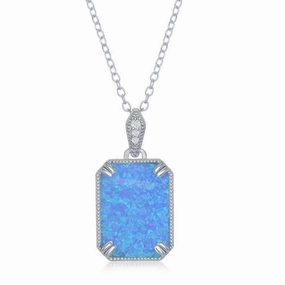 Sterling Silver CZ Rectangle Blue Opal with beaded border Pendant