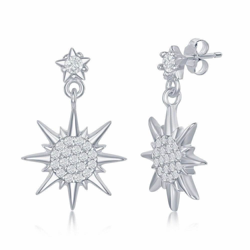 Sterling Silver CZ Sun Pendant & Earrings Set With Chain