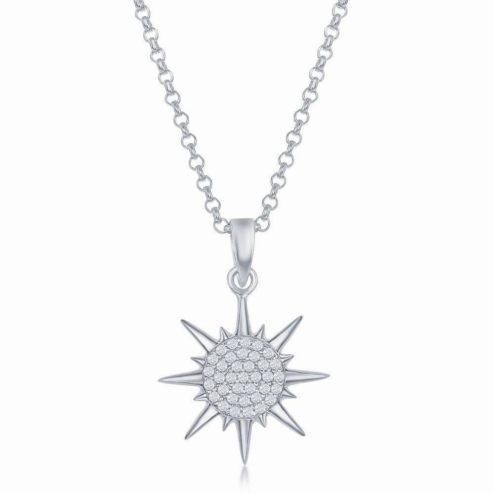 Sterling Silver CZ Sun Pendant & Earrings Set With Chain