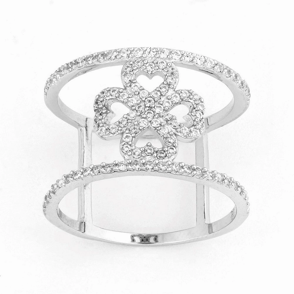 Sterling Silver CZ Wire with Center CZ Flower Wide Ring - W-9923