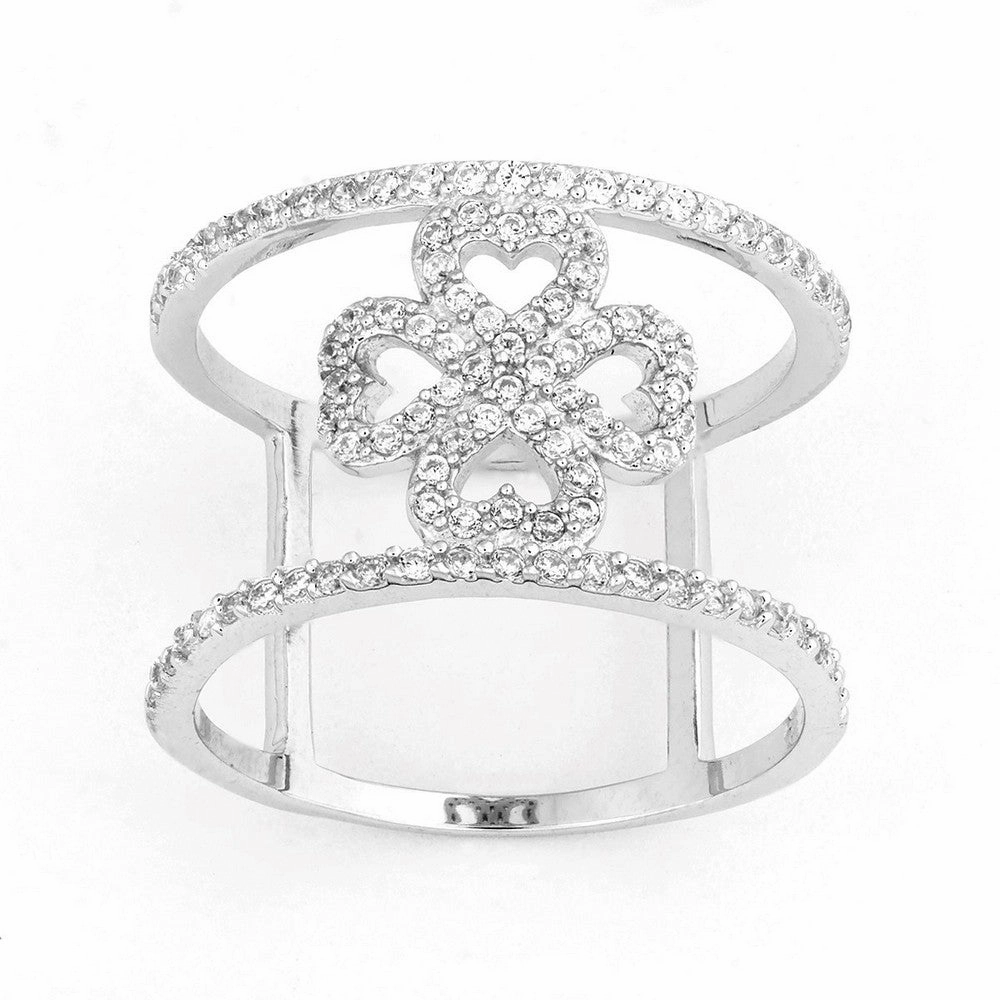 Sterling Silver CZ Wire with Center CZ Flower Wide Ring - W-9923