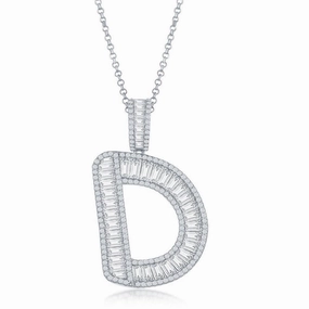 Sterling Silver D Initial Baguette CZ Pendant Chain