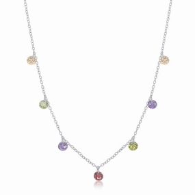 Sterling Silver Dangling Rainbow Cubic Zirconia Necklace