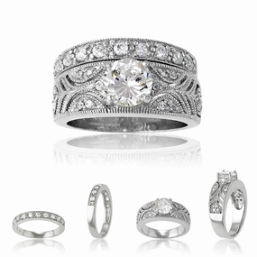 Sterling Silver Designed Clear CZ Ring Wedding Band - W-8035