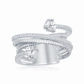 Sterling Silver Designer CZ Ring Bonded with Platinum, Size 7