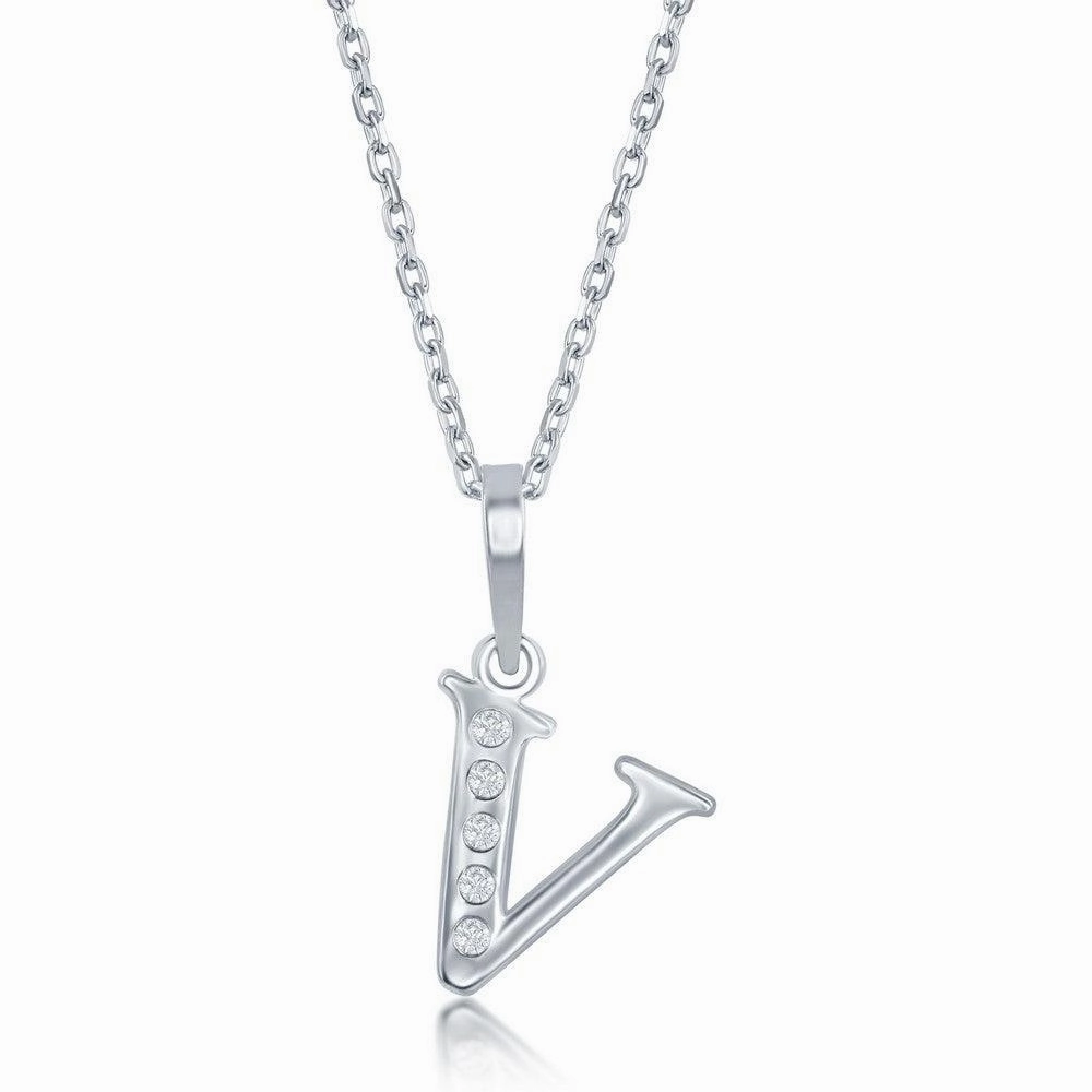 Sterling Silver Diamond "V" Initial Pendant Chain