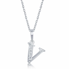 Sterling Silver Diamond "V" Initial Pendant Chain