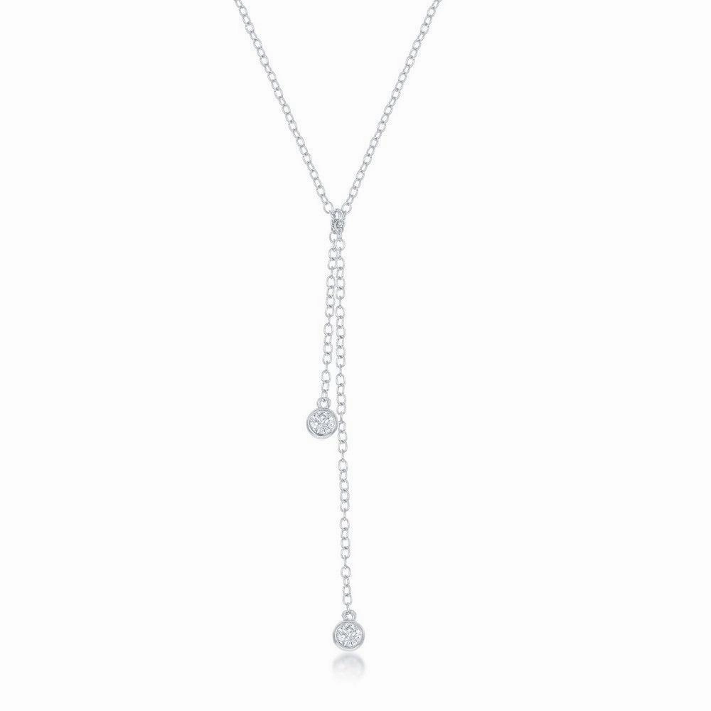 Sterling Silver Double Bezel-Set CZ Dangling Lariat Necklace