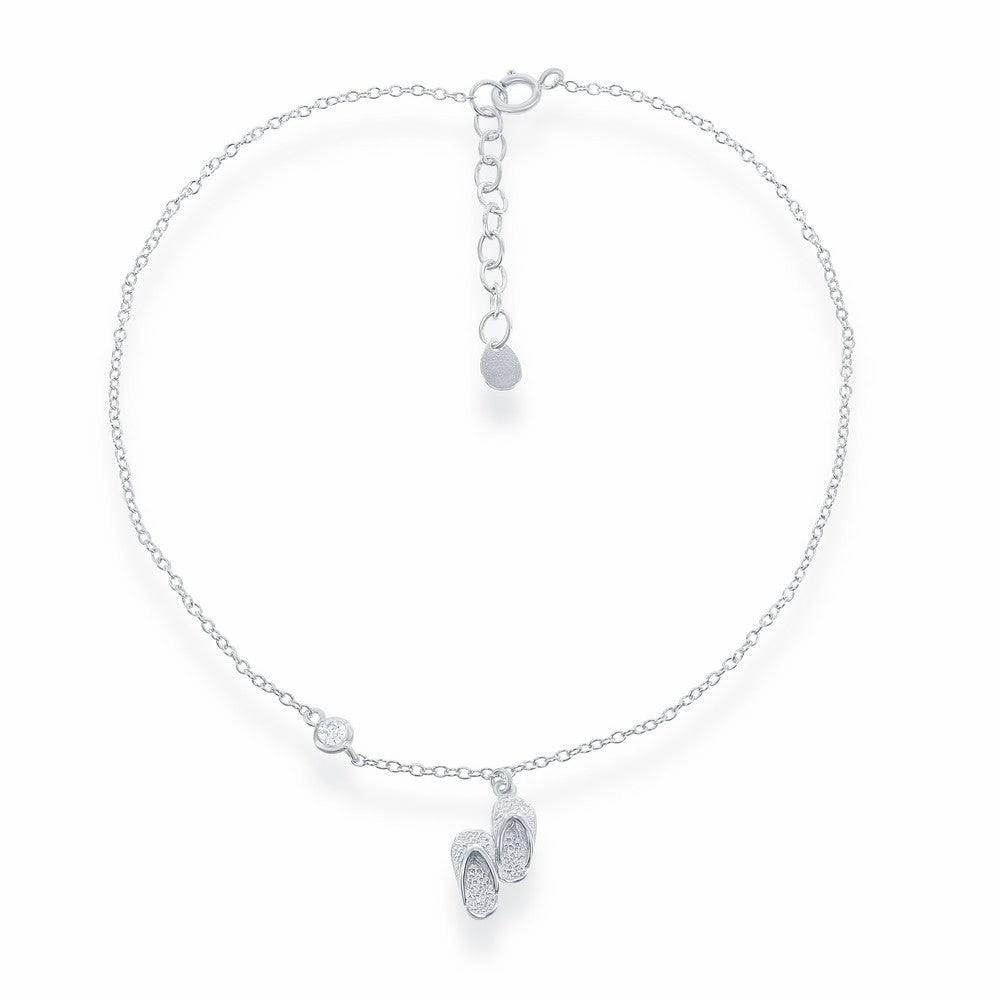 Sterling Silver Double Flip Flop with Single CZ Anklet
