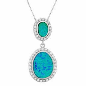 Sterling Silver Double Oval Blue Inlay Opal Pendant