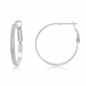 Sterling Silver Double Ridge Hoop Earrings, 30 mm