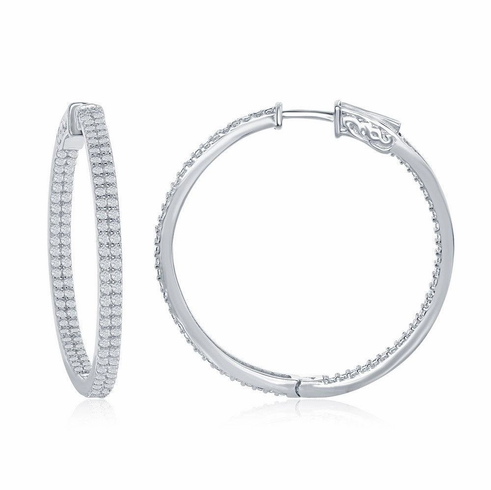 Sterling Silver Double Row CZ Hoop Earrings, 3 x 40 mm