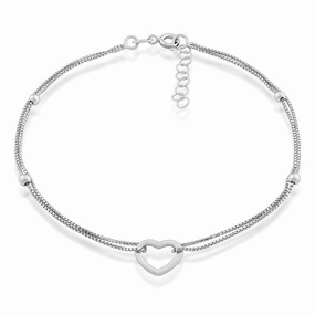 Sterling Silver Double Strand with Beads and Open Heart Anklet