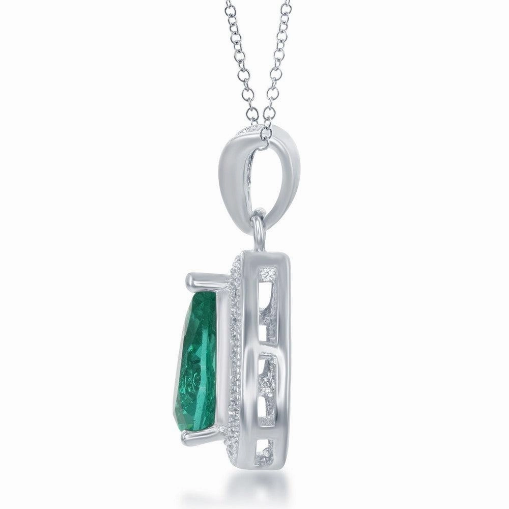 Sterling Silver Emerald Teardrop CZ Border Pendant