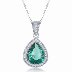 Sterling Silver Emerald Teardrop CZ Border Pendant
