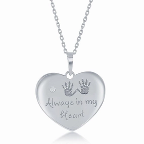 Sterling Silver Engraved Hand Prints Always in my Heart Single CZ Heart Necklace