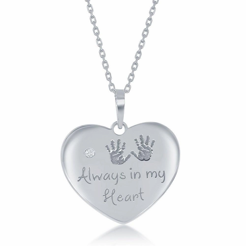 Sterling Silver Engraved Hand Prints Always in my Heart Single CZ Heart Necklace