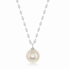 Sterling Silver Flat Mirror Chain Freshwater Pearl Necklace